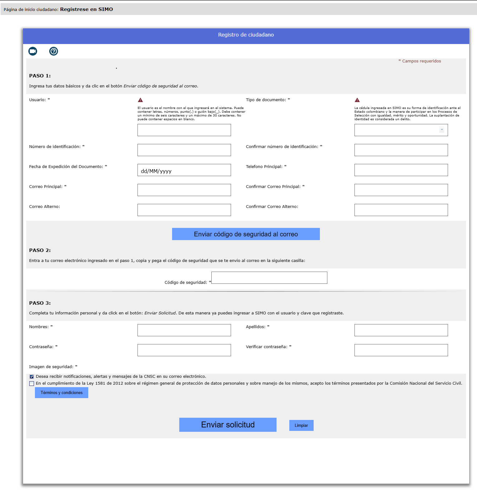 página de registro de la página oficial de SIMO